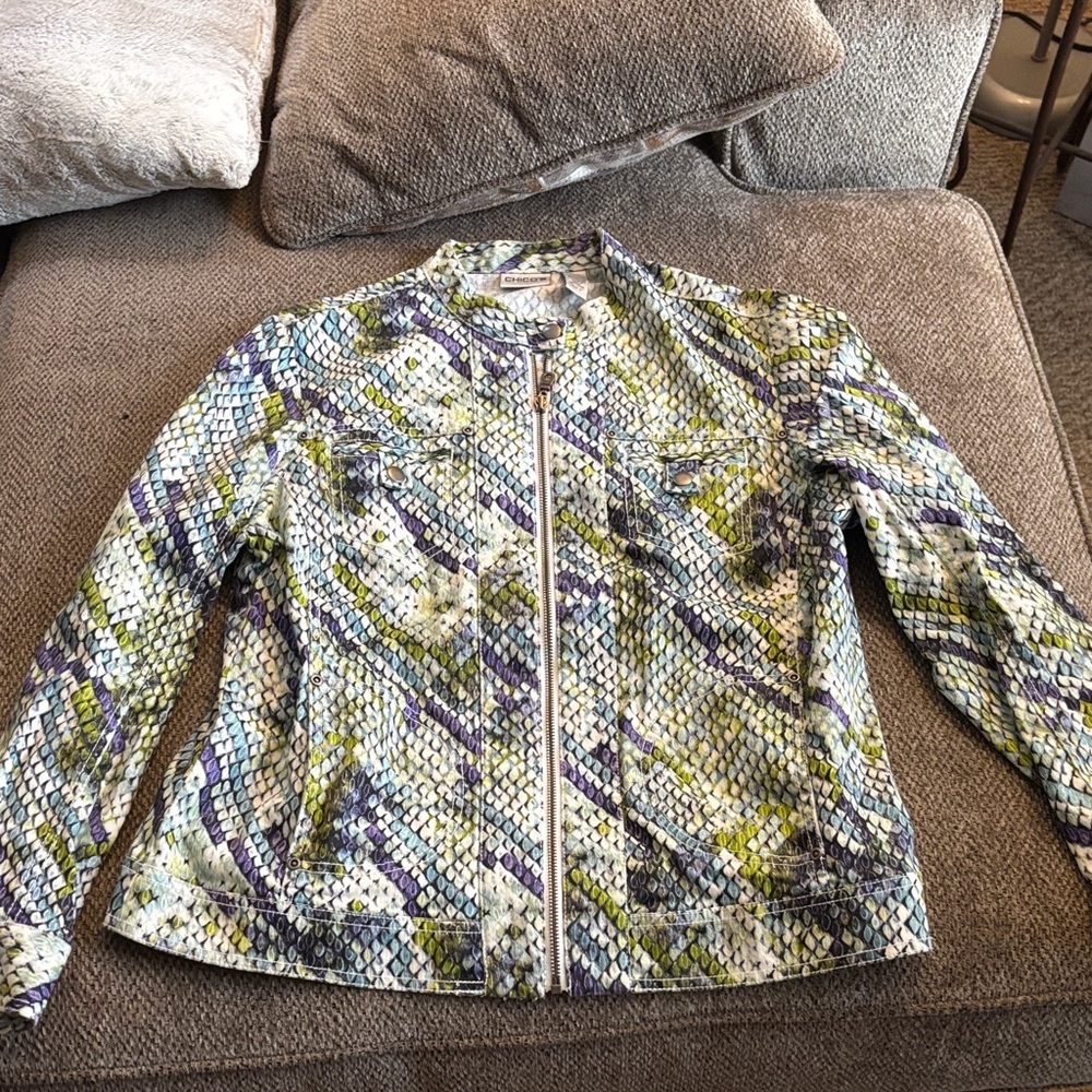 Chico's Blue and Green Patterned Bomber Jacket